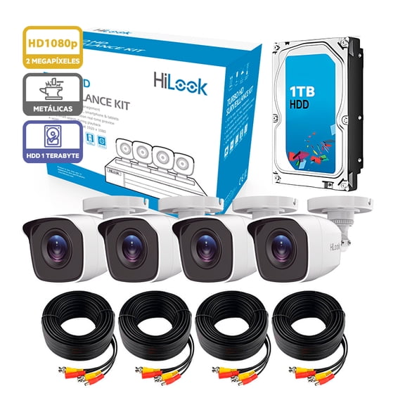 Kit de Cámaras de Seguridad de 4 Cámaras Hilook Full HD 1080p Bala color Blanco Metálicas Disco Duro 1TB