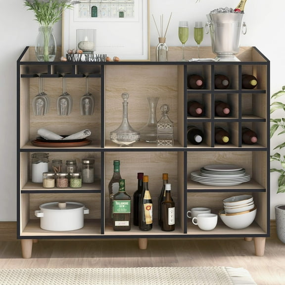 Carson 7-Shelf Wood Buffet with Bottle Rack, Natural Oak