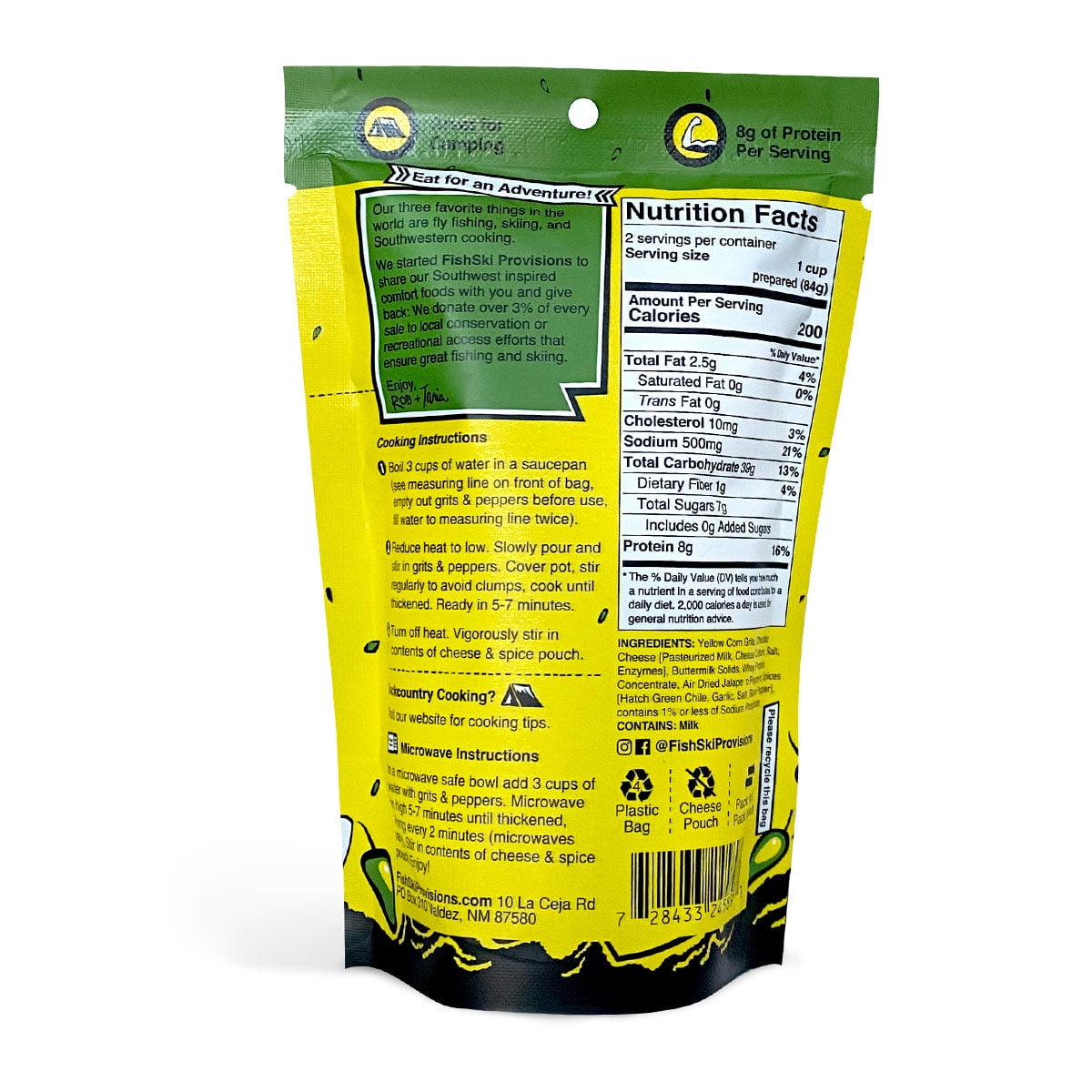 (3 pack) FishSki Provisions Jalapeno Hatch Green Chile Cheddar Yellow Corn Grits, Dry Mix, Easy to Prepare, Shelf-Stable, Bag, 6 oz