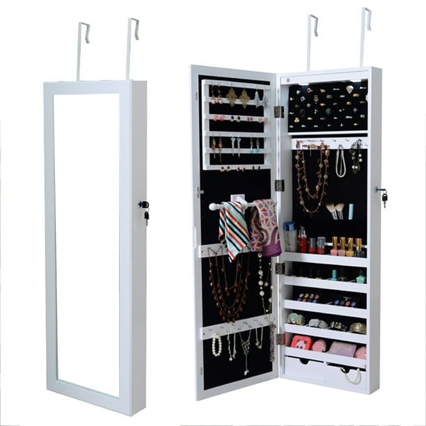 Lockable Wall Door Mount Mirrored Jewelry Organizer w/ LED