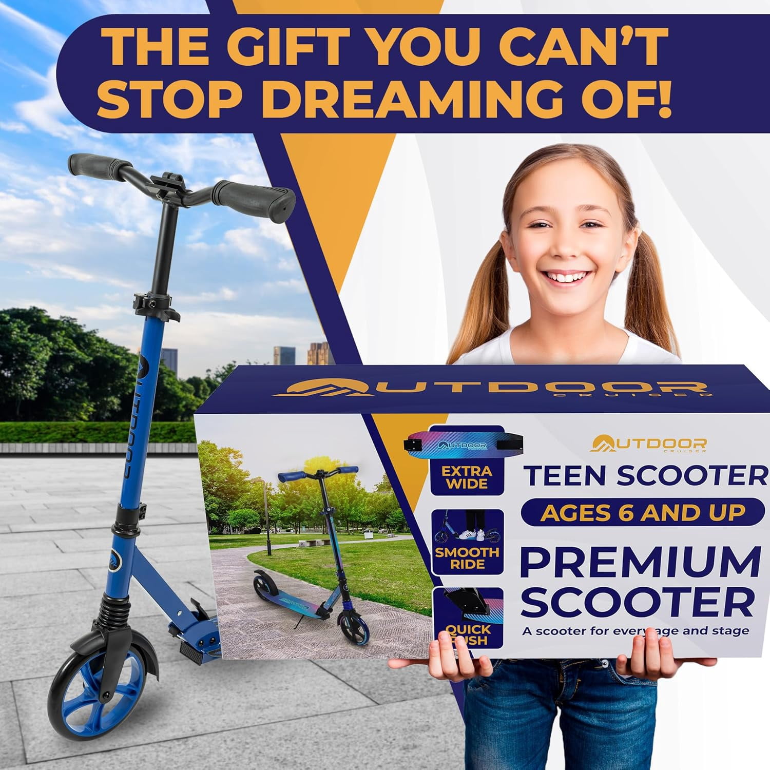 Outdoor Cruiser Kick Scooter for Ages 6+, for Kids, Teens, and Adults, Max Load 250 LBS, Foldable, 8-inch Wheels for Kids and Adults, Dual Suspension, 3 Adjustable Levels, Child Safety Approved, Blue