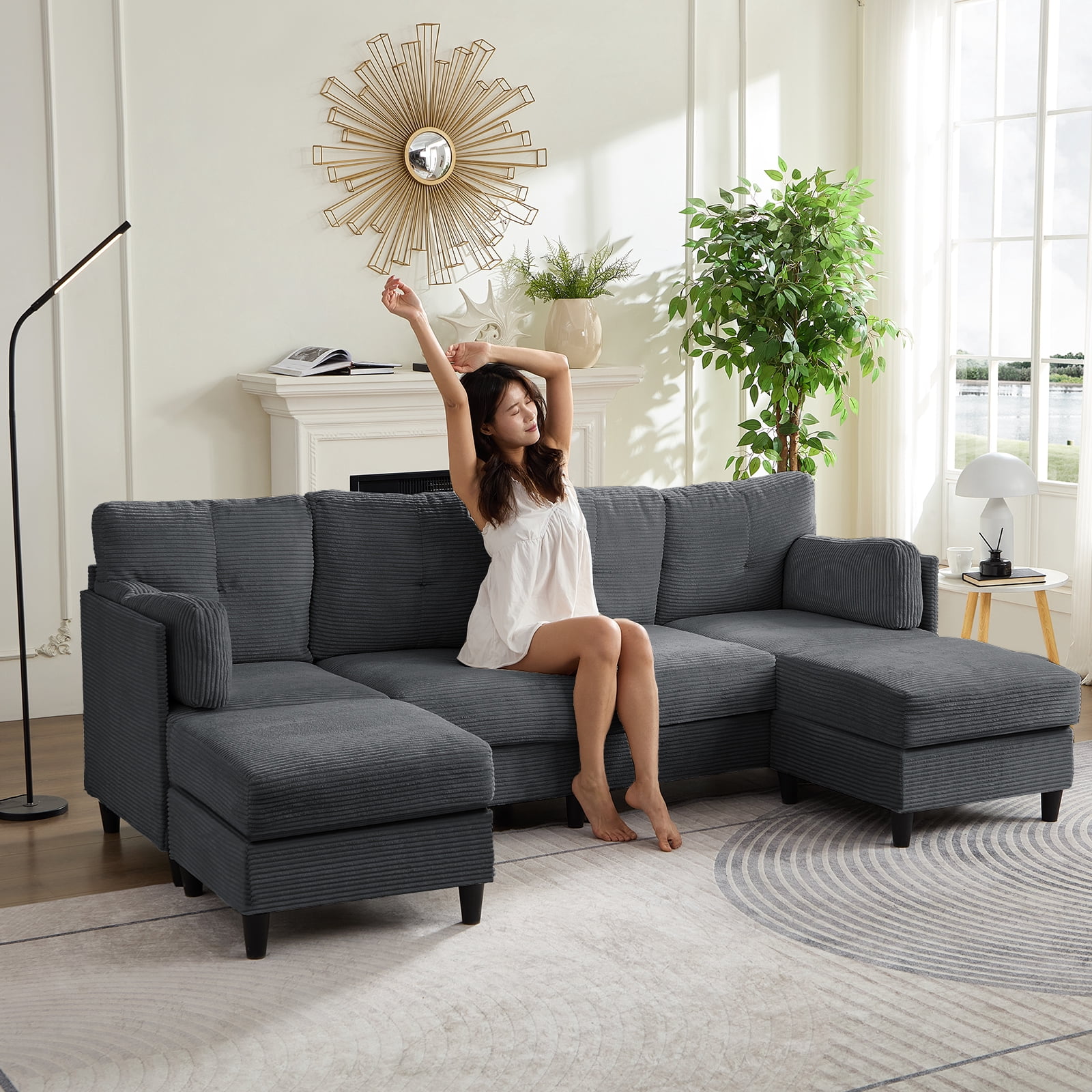 ZAFLY U Shaped Sectional Sofa with Movable Ottoman, Corduroy Sectionals for Living Room - Dark Gray