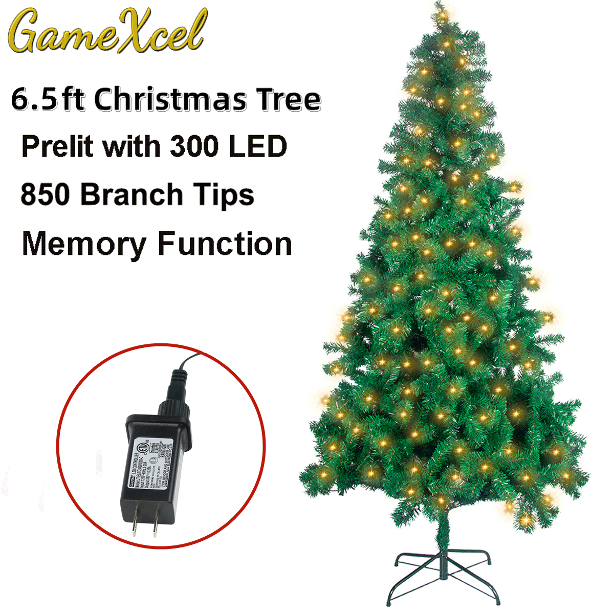 6.5Pre-lit Christmas Trees Xmas Detachable Tree with 850 Unique Branch Tips  Decoration Artificial Christmas Tree with UL Certified DIY 300 LED Lights  Lighting Modes