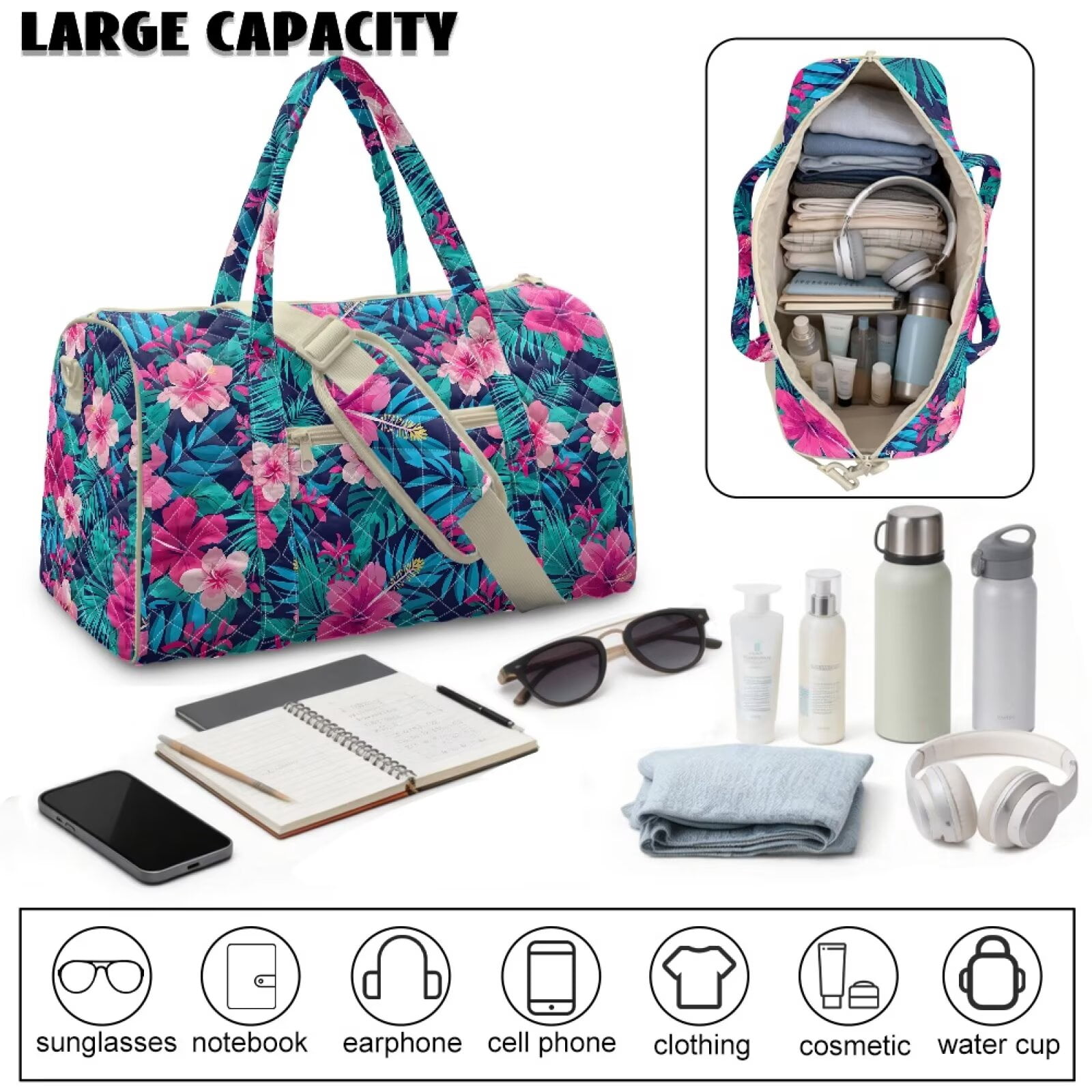 Pzuqiu Tropical Floral Quilted Weekender Bag for Women Large Capacity Lightweight Travel Duffel Carry On Tote for Gym, Overnight Trips Luggage Bags Portable Travel Bags
