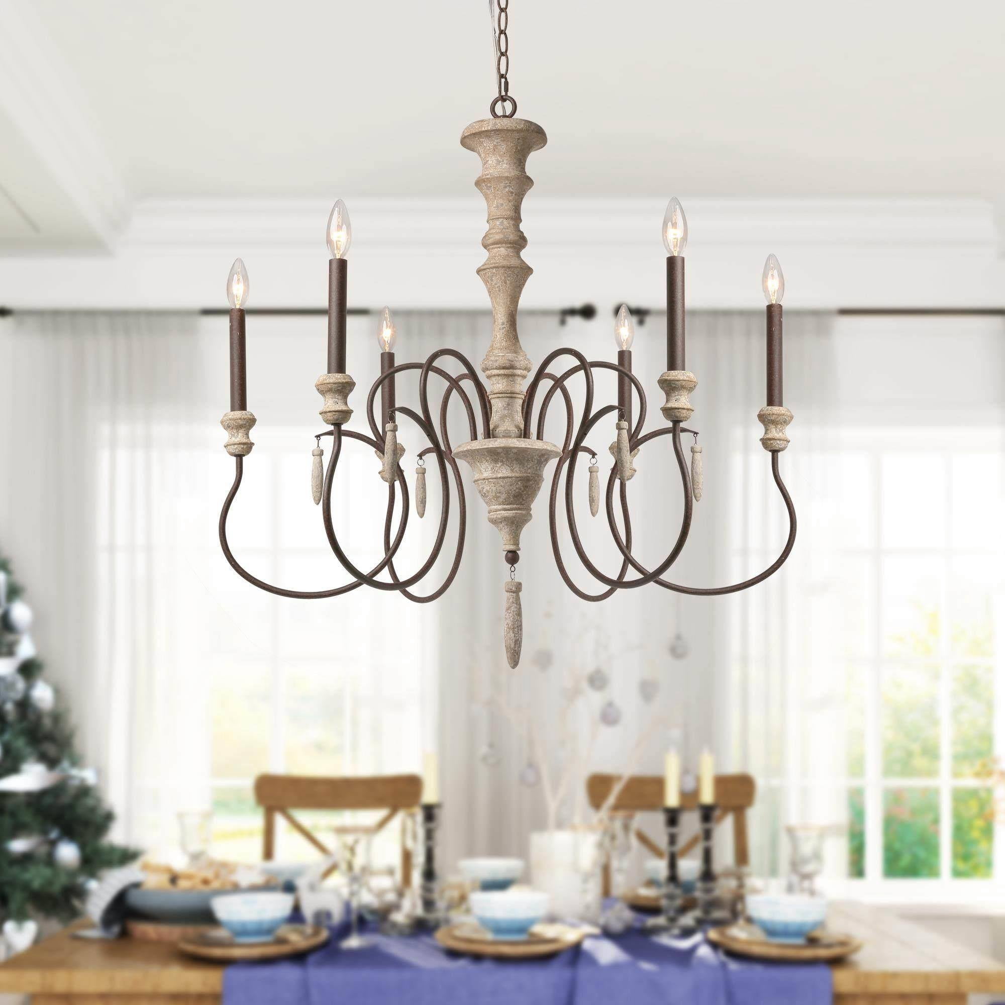 LNC Lupus 31'' Large 6 -Light Distressed Off-white Metal Wood Chandelier