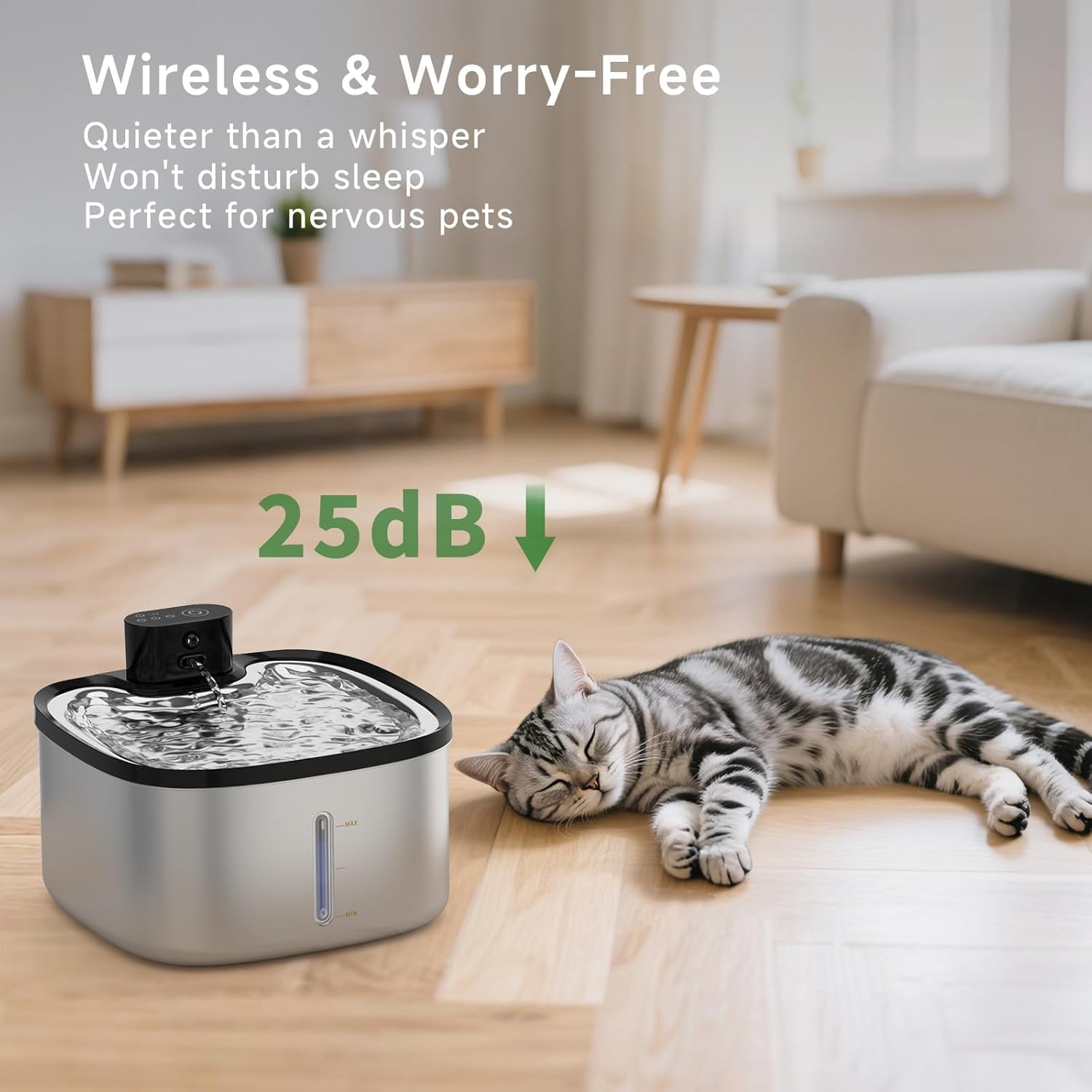 Cordless Stainless Steel Cat Water Fountain with Motion Sensor, Ultra Quiet Pump, Rechargeable & Multi-Filtration, 118oz/3.5L Automatic Pet Water Dispenser Indoor