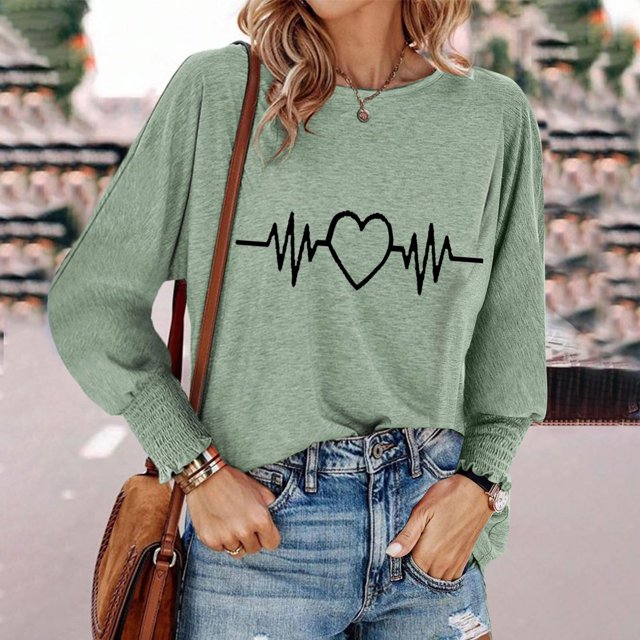 Women's Long Sleeved Electrocardiogram Printed Round Neck Top T-shirt