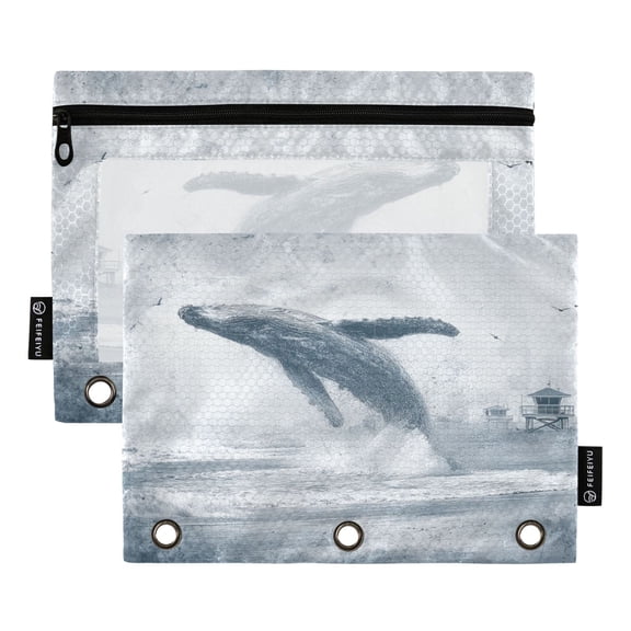 2 Pack 3 Ring Binder Pouch with Clear PVC Window Water Resistant Zipper Pencil Pouch Whales Leap Out Of The Sea Binder Pocket for Classroom Office Home Stationery Organization