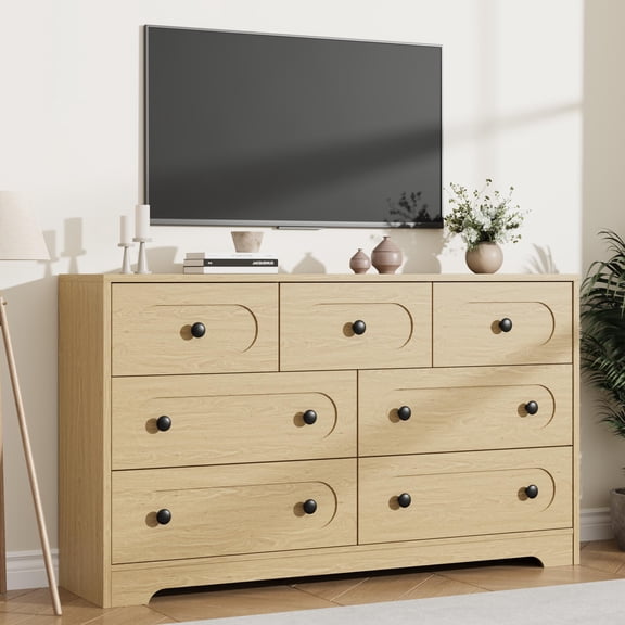 55" Wide Farmhouse TV Stand for Living Room, Entertainment Center with 7 Storage Drawer & Metal Knobs, Wooden Console Table for 75 Inch with Storage Compartments, Natural