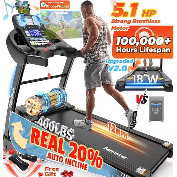 Famistar 5.1HP Folding Treadmill for Home with 20% Auto Incline, 300-400 LB Capacity, Portable Foldable Treadmill, FREE APP Control, Adjustable Tablet Holder,12MPH Speed,71 Programs,Knee Straps Gift