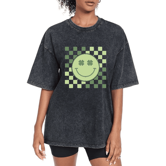 Black Washed Cotton Print Tshirt Graphic Tees Shirts Womens S-2XL Green Checker Shamrock Smile Tops