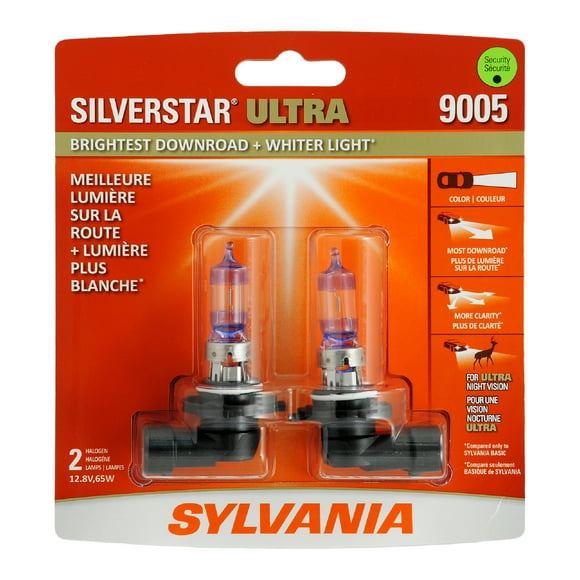 SYLVANIA - 9005 SilverStar Ultra - High Performance Halogen Headlight Bulb, High Beam, Low Beam and Fog Replacement Bulb, Brightest Downroad with Whiter Light, Tri-Band Technology (Contains 2 Bulbs)