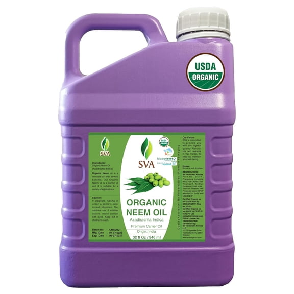 SVA Neem Seed Oil Organic - 32 Fl Oz – 100% Natural Cold Pressed Organic Neem Oil - for Face, Skin Care, Hair Care, Scalp Massage & Body Massage – Carrier Oil with Dropper
