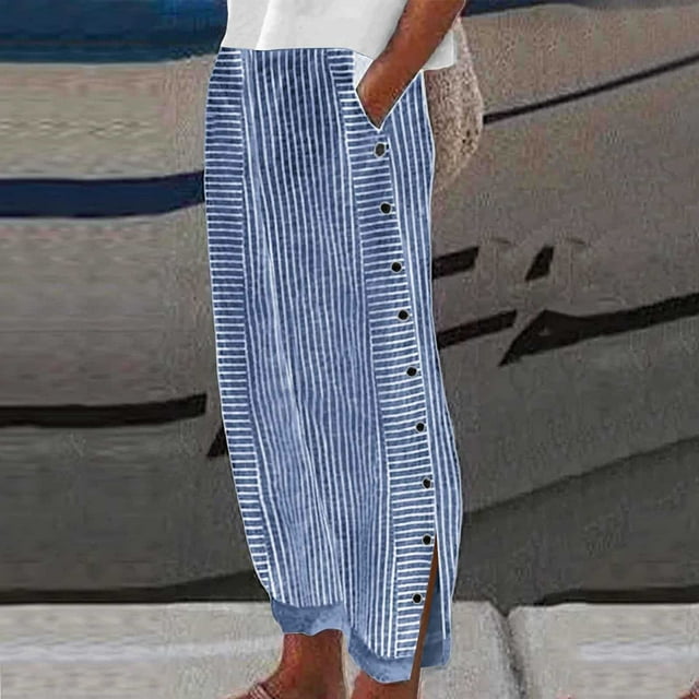 Pantalon Long Ample Polyvalent Décontracté pour Femmes d'Été à Rayures Imprimées avec Boutons, Uni, à Cordon, en Lin Décontracté, Pantalon pour Femmes, Combinaison Décontractée pour Femmes, Pantalon de Survêtement Grande Taille, Confortable, Maternité
