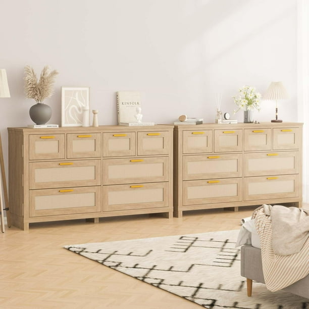 EDTara 8-Drawers Rattan Dresser, Wooden Dresser Chest of Drawers