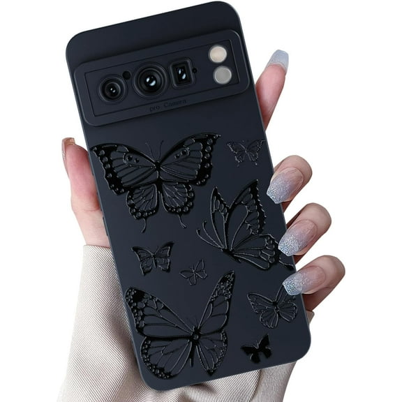 Compatible with Google Pixel 8 Pro 6.7inch Case,Cute Butterfly Cool Black Solid Design,Soft Silicone Slim Thin Girly Phone Case Protective Shockproof Cover for Women Girls-Butterfly