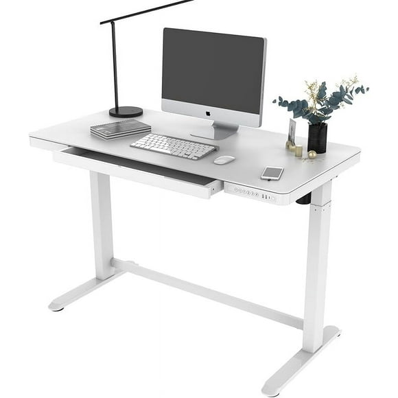 47" x 24" Electric Standing Desk with Glass Tabletop and Drawer, Height Adjustable Ergonomic Sit Stand Up Table Computer Desk with USB Charge Ports, Memory Pre-Settings & Anti-Collision - White