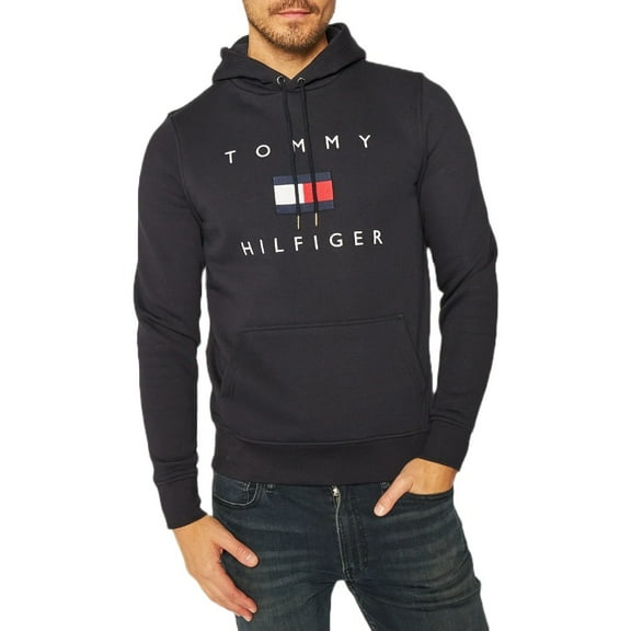 Tommy Hilfiger Men's Hoodie Long Sleeve Flag Log Pullover Hooded Sweatshirt, Navy, M