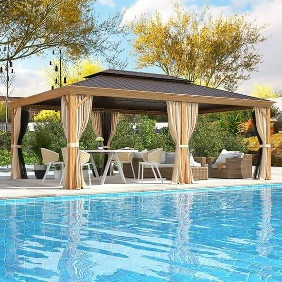 UPHYB 14' x 20' Hardtop Gazebo, Wooden Finish Coated Aluminum Frame Gazebo with Galvanized Steel Double Roof, Brown Metal Gazebo with Curtains and Nettings for Patio, Lawn & Garden