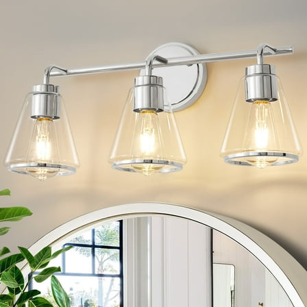 Deyidn 3-Light Nickel Bathroom Vanity Light, 22 inch Modern Wall Sconce with Clear Cone Glass Shades for Bath, Powder Room, Mirror Lighting