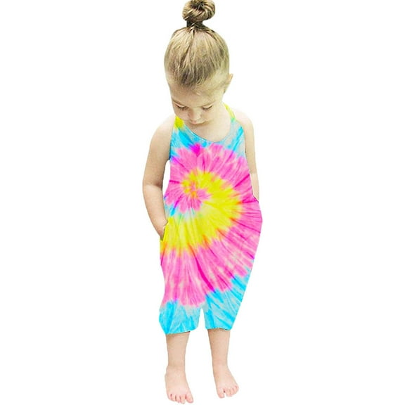 Odeerbi Toddler Jumpsuit Boys Girls Tie-Dyed Floral Romper Halter Jumpsuits Kids Baby Sleeveless Rainbow Clothes D