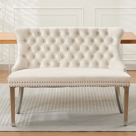 CQSXDA Velvet Double Dining Loveseat Bench in Beige, 2-Seat Tufted Style with Handmade Buttons and Wing Back Design Brushed Silver Stainless Steel Legs