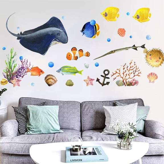 Under The Sea Wall Stickers Tropical Ocean Fish Ocean World decals, fish stickers, seaweed wall stickers Transparent decal Peel and Stick Wall Art Decals for Baby Nursery Kids Bedroom Bathroom
