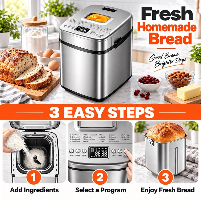 Amumu 19-in-1 Automatic Bread Machine, 2 Lb Stainless Steel photo 2