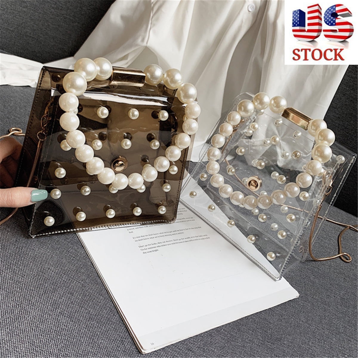 KUDOSALE Women PVC Clear Jelly Purse Clutch Transparent Pearl Handbag