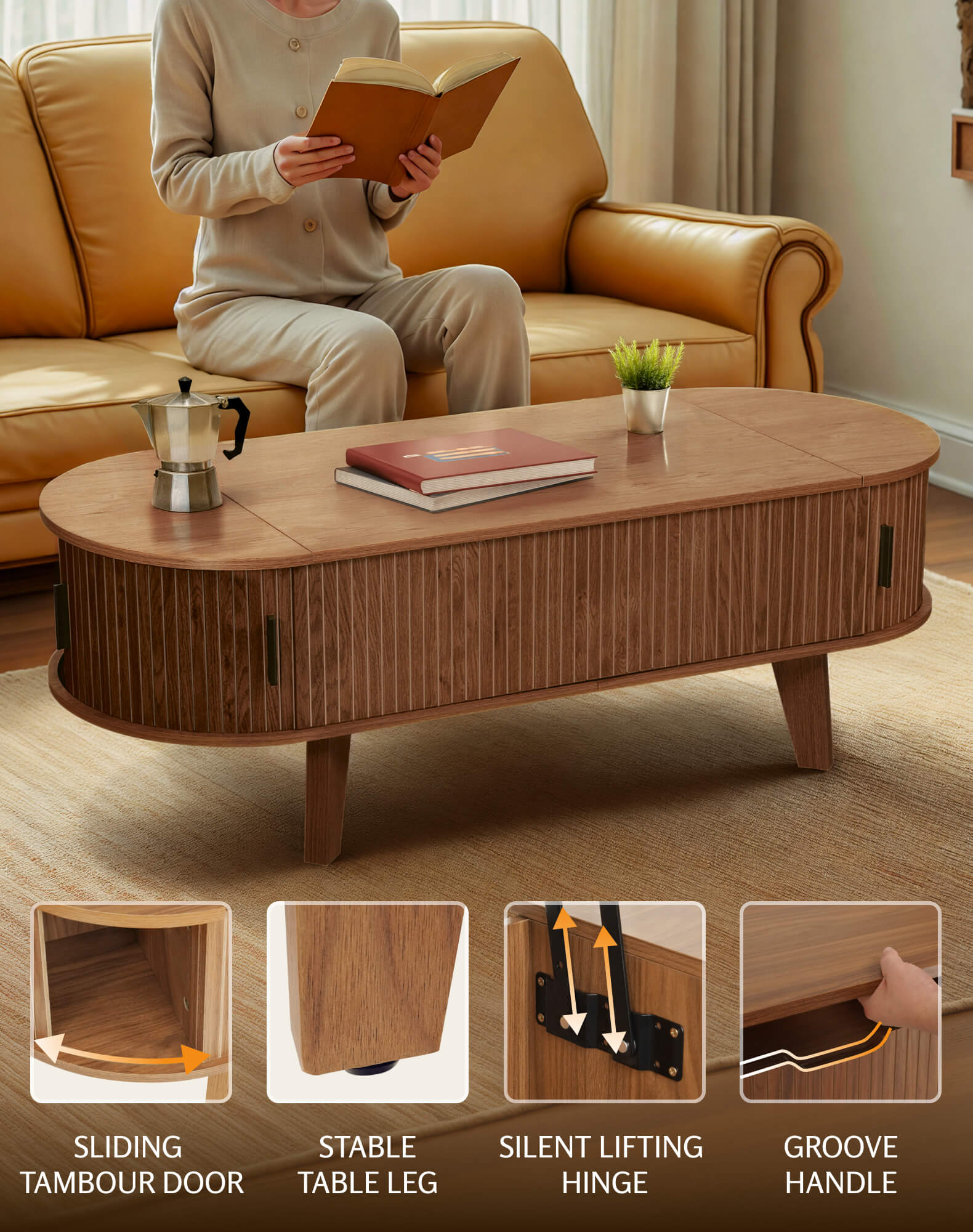 Putuo Decor 47.2" Oval Lift-Top Coffee Table with Storage, Fluted Tambour Door, Walnut