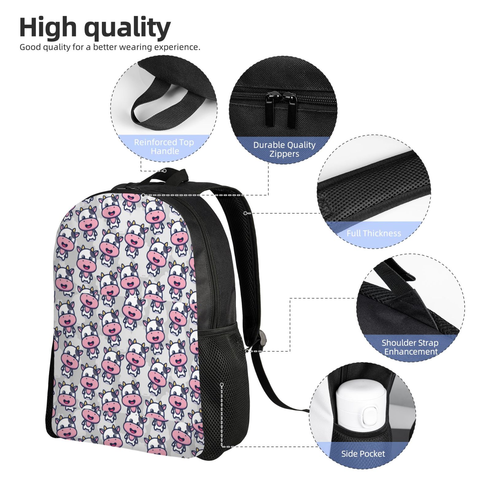 Defioc Baby Cow Print Backpack -Travel,or Work Bookbag Daypacks with 15-Inch Laptop Sleeve and Dual Water Bottle Pockets