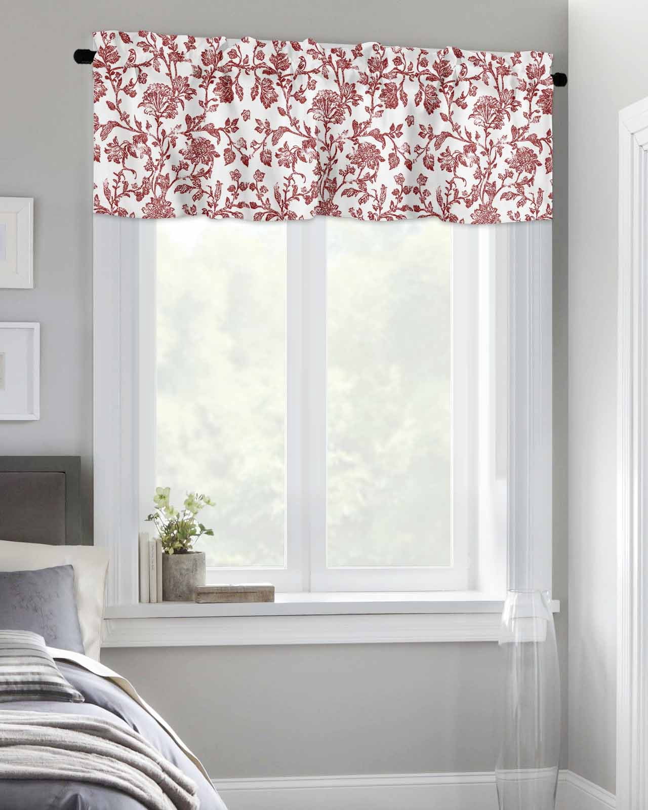 Red Pastoral Flower Curtain Valances for Kitchen Windows,Rod Pocket Short Valance Vintage Rustic Farmhouse Floral Window Treatment for Living Room Bathroom Bedroom,54" x 18"-1 Panel