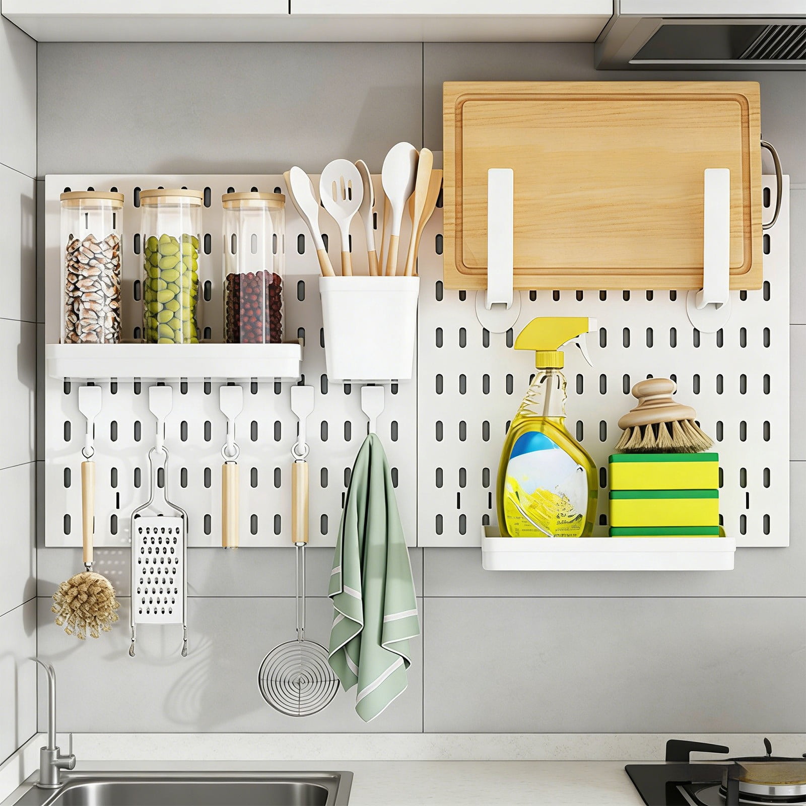 No Punch Pegboard Wall Mount Multi-Functional Drains Basket Storage Rack, Kitchen Organizer with Hooks, Container, Shelves, Wall-Mounted, Space-Saving, for Kitchen, Bathroom, Garage, Office