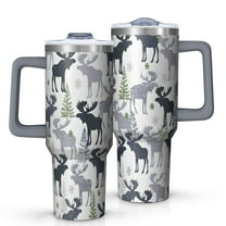 Gray Christmas Moose and Tree Pattern Tumbler with Handle and Lid,40oz Double Wall Vacuum Insulated Tumbler,Cups Gift for Women and Men