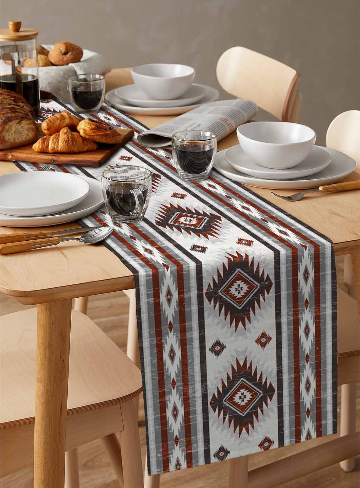 Red Grey Burlap Cotton Table Runner 13x90 Inches Long, Southwestern Boho Aztec Ethnic Abstract Print Farmhouse Table Runners, Outdoor Dining Tablecloths Decor for Baby Shower/Party/Wedding