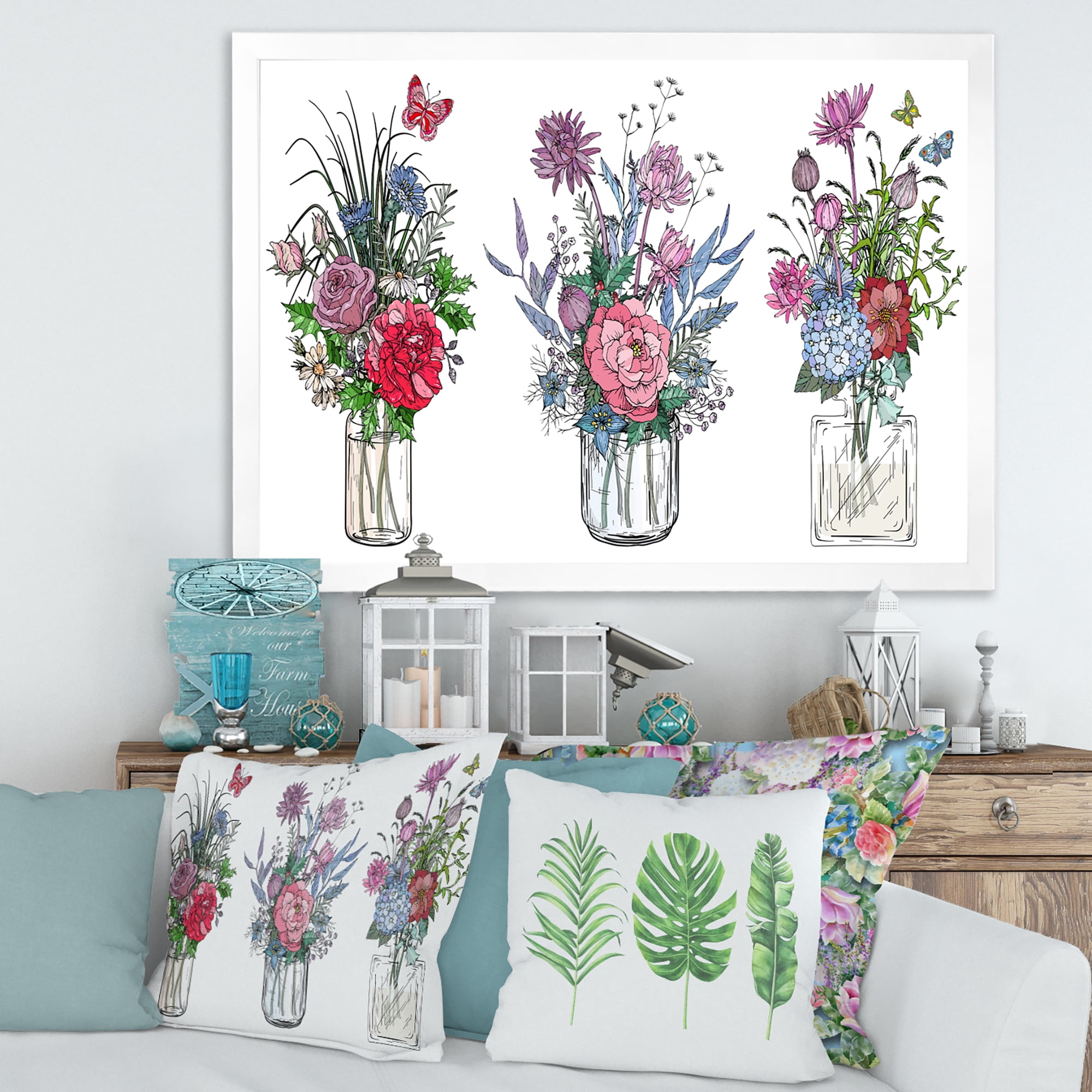 Designart 'Transparent Vases With Bouquets of Wildflowers I' Farmhouse Framed Art Print