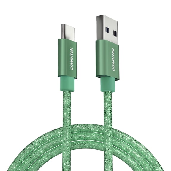 Powertek USB-A to USB-C Cable, Fast Charging Type-C Charger Cord, Durable Tangle-Resistant Sync Cable, Mint Glitter, 6FT