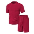 thumbnail image 5 of ShomPort Nightwear for Mens Knit Ribbed Solid Color Short Sleeve Crewneck Tees Drawstring Pants Comfort Pajamas Daily Loungewear Set, 5 of 7