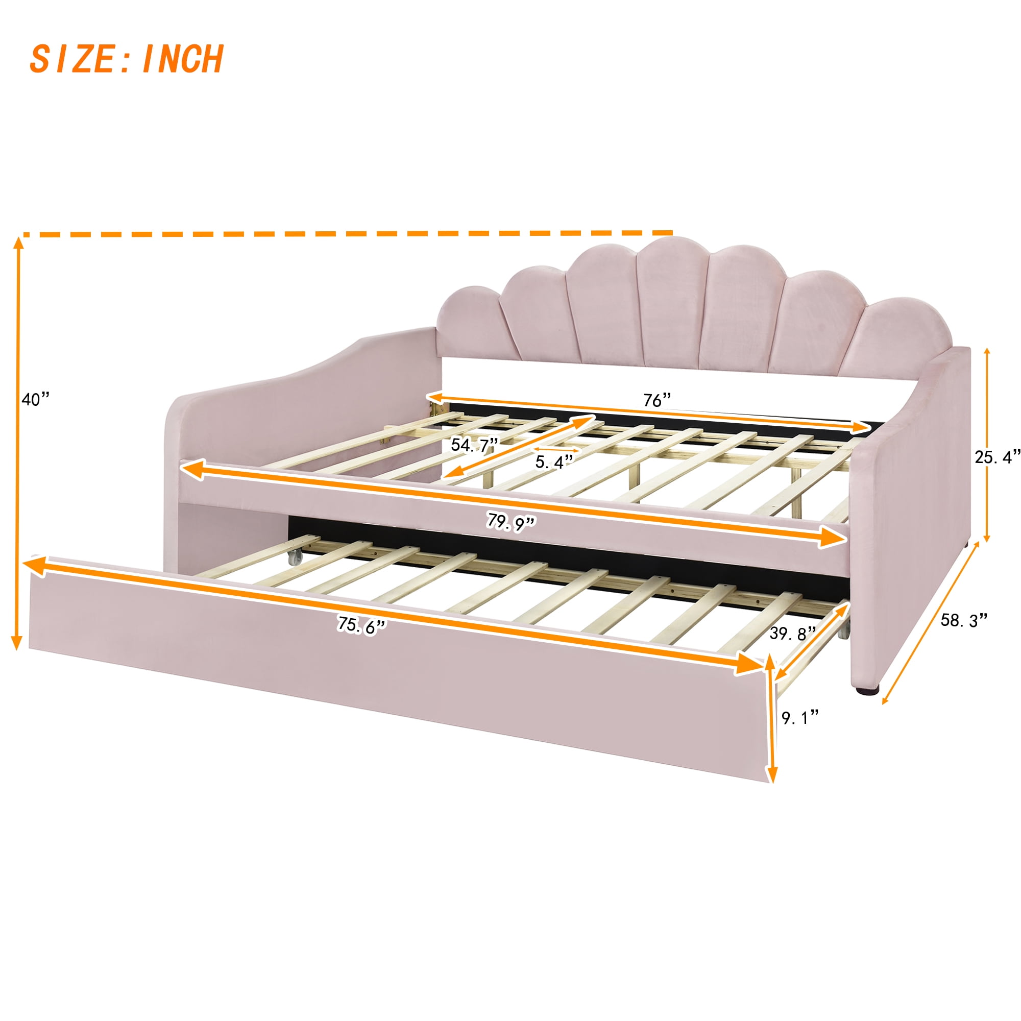 EUROCO Upholstery Full Size Platform Bed, Upholstery Daybed with Headboard and Trundle for Kids,Pink