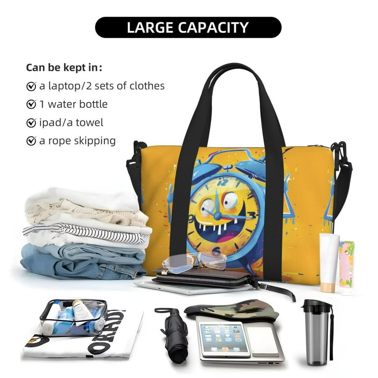 Travel Bags for Women Men Funny Alarm Clock Illustration Duffle Bag for Travel Weekender Bags for Women Travel Tote Bags Gym Bag with Adjustable shoulder strap Carry on Bag Travel Duffel