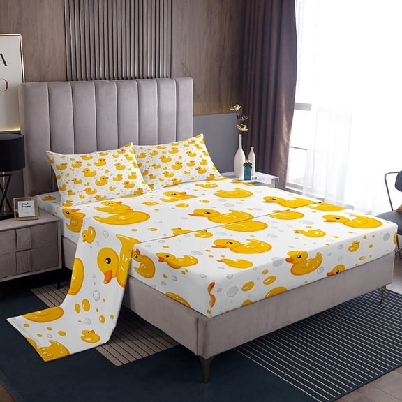 YST Cute Yellow Duck Full Bed Sheets Set,Kawaii Rubber Duck Bedding Set for Kids Girls Boys,Cartoon Animal Print Sheets,Gifts for Pet Lovers Funny Duck Fitted Sheet Set 4Pcs