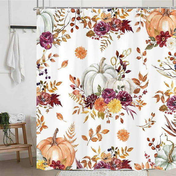 Autumn Pumpkin Shower Curtain, Fall Thanksgiving Harvest Floral Pumpkin Bathroom Curtain Home Bathtub Decor Waterproof Fabric with Hooks, 69X70IN