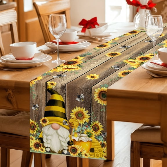 Table Runner Bee Gnome Sunflower Watercolor Dresser Scarves 13x36 Inch,Linen Table Runners Farm Vintage Wood Board Tablerunner for Home Dining Indoor Outdoor Wedding Party Tabletop Decor