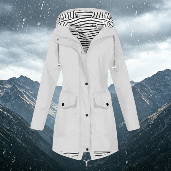 ersvoioy Womens Mid Long Rain Coat Hooded Flap Pockets Drawstring Waterproof Casual Outdoor Hiking Jacket White XXXL