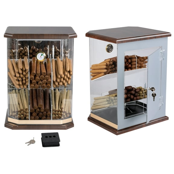 Franklin Wood Acrylic Display Cigar Humidor w/ 6 Bins & Hydrometer - Rich Solid Wood Top & Base - Capacity: 150