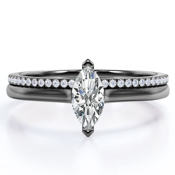 JeenMata Anillo de Boda con Solitario de 1,75 Quilates de Talla Marquesa y Cuerpo Pavé, Engastado en Oro Negro de 18 K sobre Plata (Personaliza Tu Anillo de Boda)