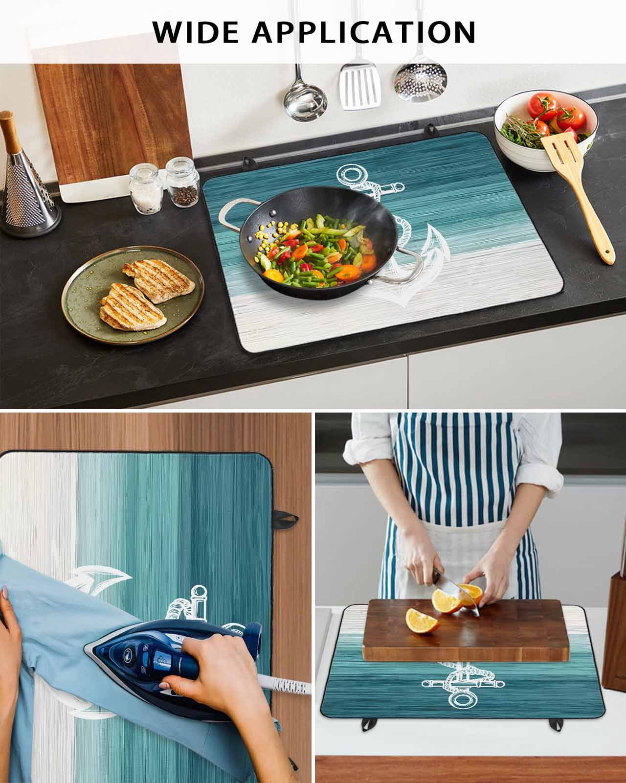 nqOlkjepod Large Induction Cooktop Protector Mat 24"x21", Nautical Anchor Teal Green Stove Top Covers for Electric Stove, Coastal Ocean Ombre Striped Stove Burner Cover Mats, Glass Top Stove Cover