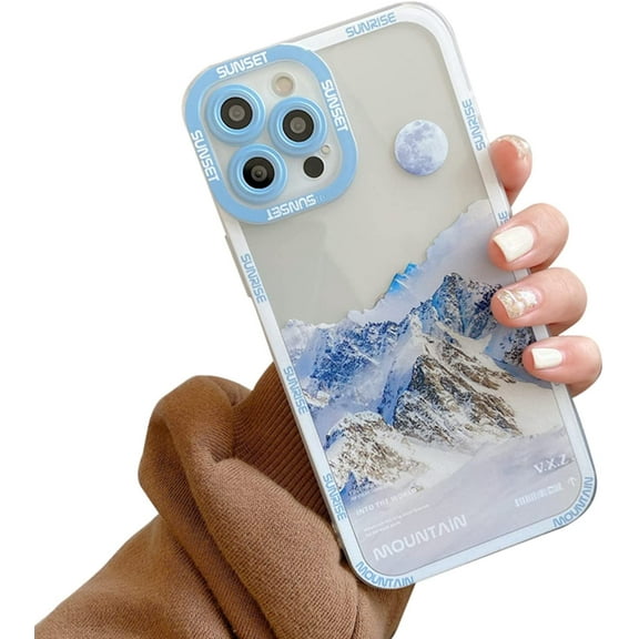 Clear Phone Case for iPhone 13 Pro Max 5g 6.7 inch Mountain Case Screen Camera Protection Anti-Fall Shockproof Soft TPU Bumper Moon Case for Women Girls (Blue White)