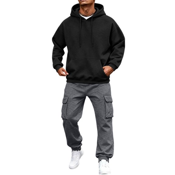 Mens Hoodie Tracksuit 2 Piece Sweatsuit Long Sleeve Hooded Sweatshirt and Drawstring Waist Sweatpants Jogging Matching Sets with Pockets Black L