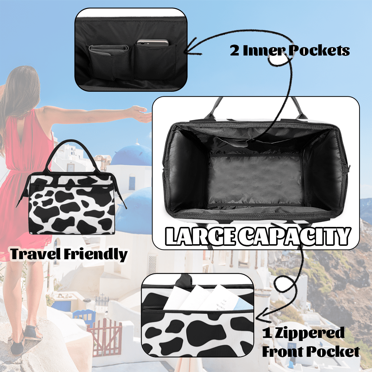Herdesigns Cow Print Skin Weekender Travel Duffel Bag Carry On Overnight Gym Hospital Bag Personal Item Travel Bag